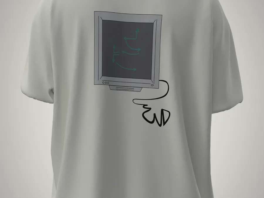 CLO3D tee back render showing back print scale and placement before sampling