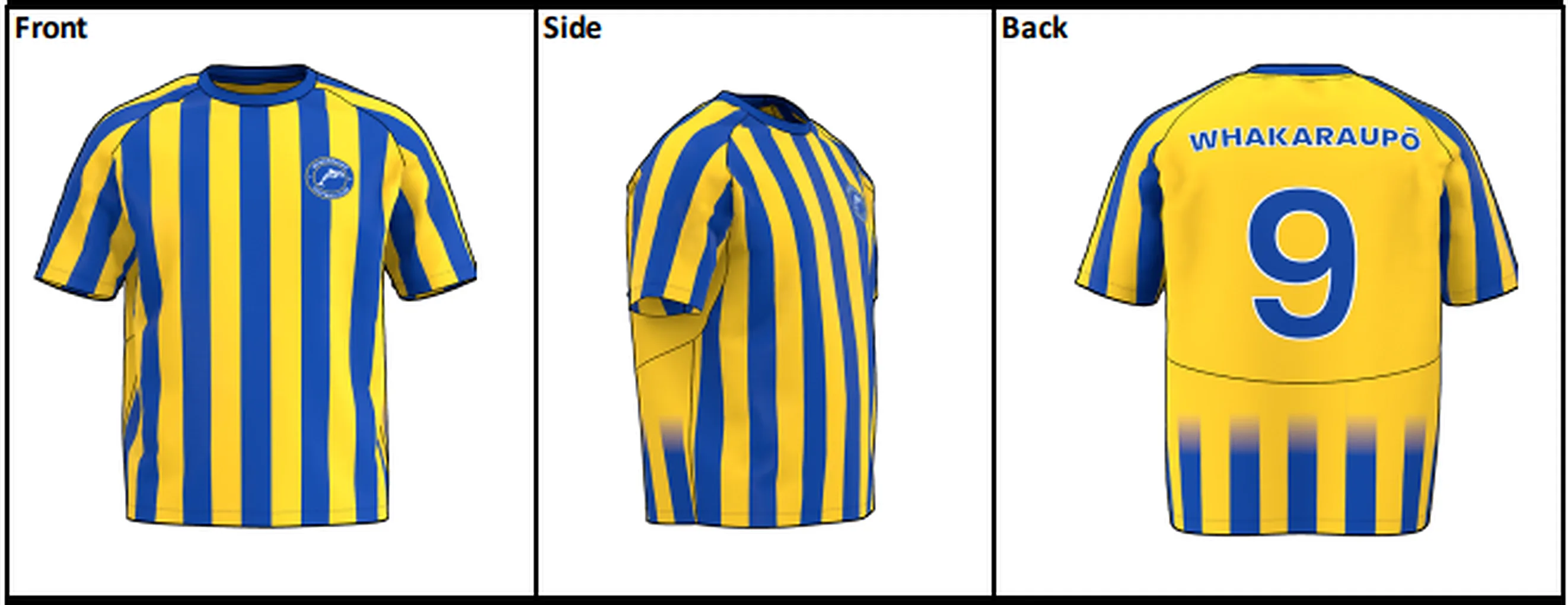 Front, side and back development artwork for the Whakaraupō football kit